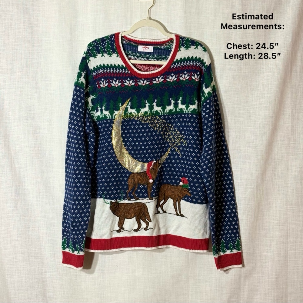 Holiday Time 2XL Blue‎ Ugly Christmas Sweater Fair Isle Holiday Knit Wolves Moon